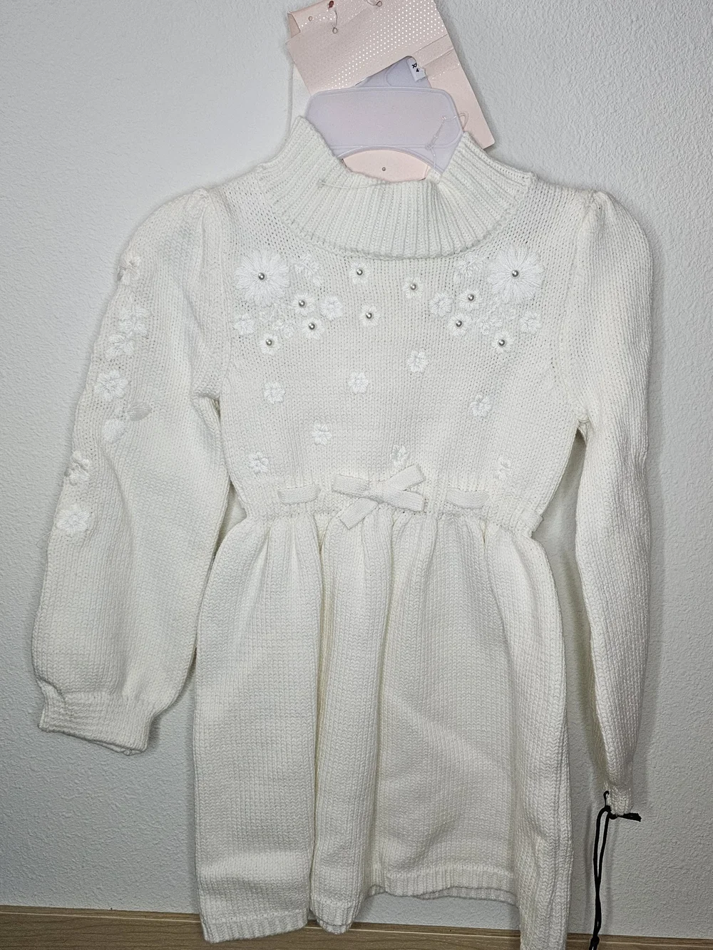 White Knit Girls' Coat with Faux Fur Collar